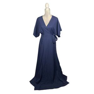 Aakaa Navy Blue Maxi True Wrap Dress Kimono Sleeve Side Tie Bridesmaid Event L